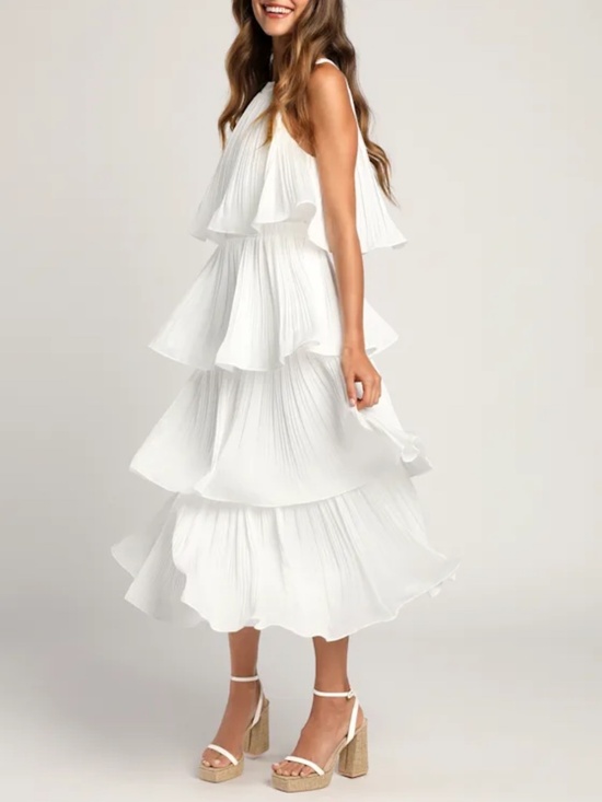Lulus Dresses & Skirts - Size L Lulus Tier and Far White Tiered Pleated Halter Midi Dress